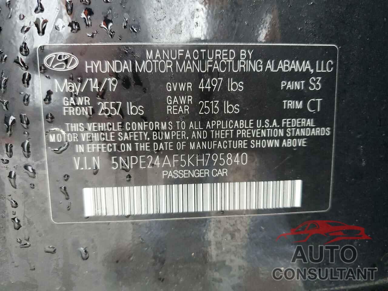 HYUNDAI SONATA 2019 - 5NPE24AF5KH795840