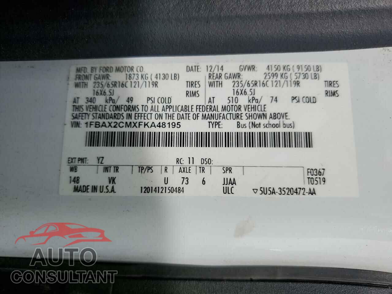 FORD TRANSIT 2015 - 1FBAX2CMXFKA48195