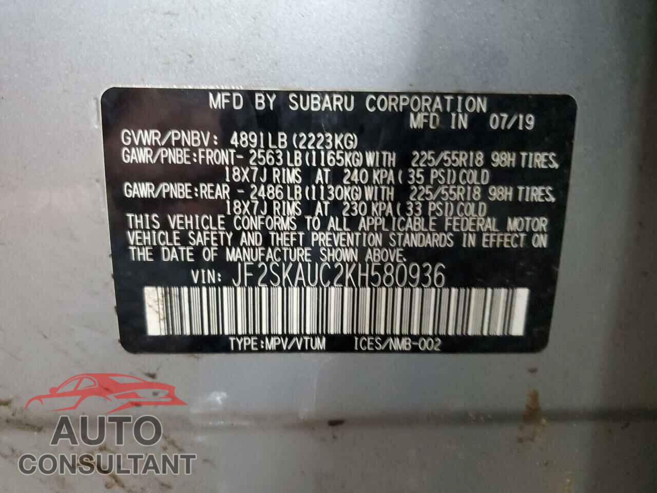 SUBARU FORESTER 2019 - JF2SKAUC2KH580936