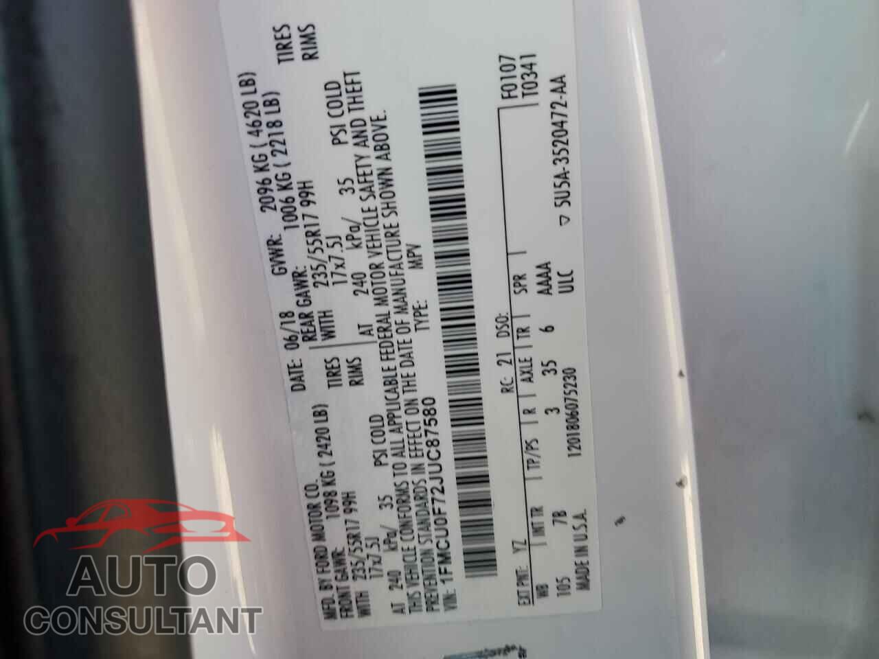 FORD ESCAPE 2018 - 1FMCU0F72JUC87580