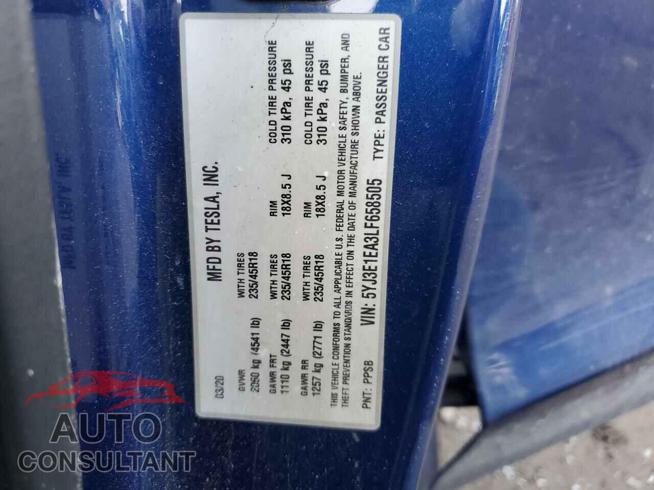 TESLA MODEL 3 2020 - 5YJ3E1EA3LF658505