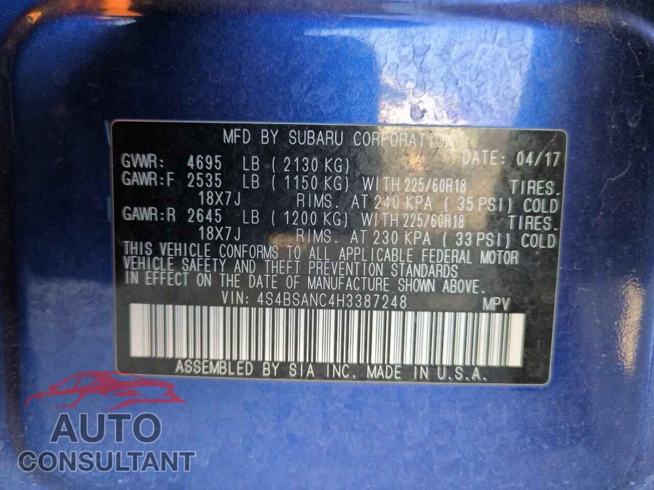SUBARU OUTBACK 2017 - 4S4BSANC4H3387248