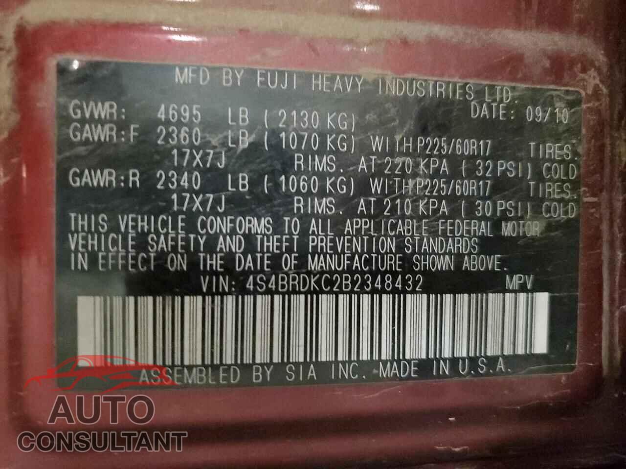 SUBARU OUTBACK 2011 - 4S4BRDKC2B2348432