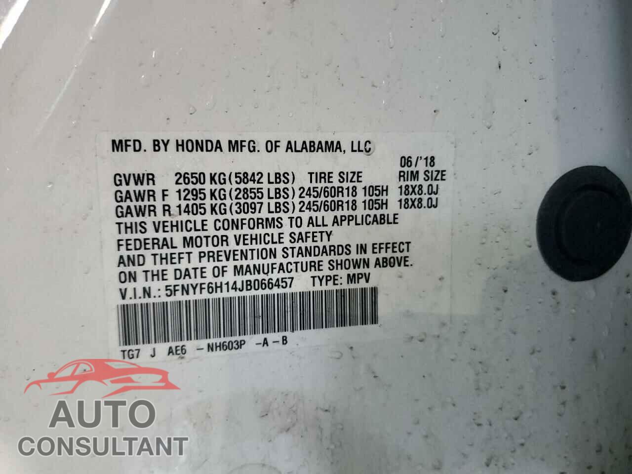 HONDA PILOT 2018 - 5FNYF6H14JB066457