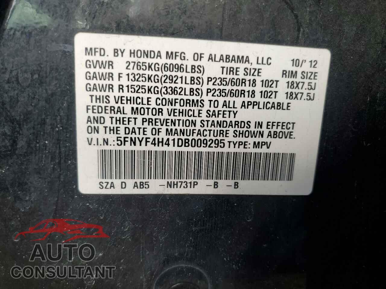 HONDA PILOT 2013 - 5FNYF4H41DB009295