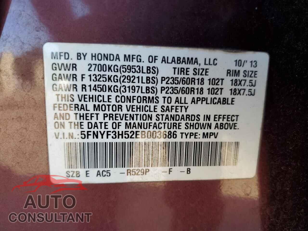 HONDA PILOT 2014 - 5FNYF3H52EB003686
