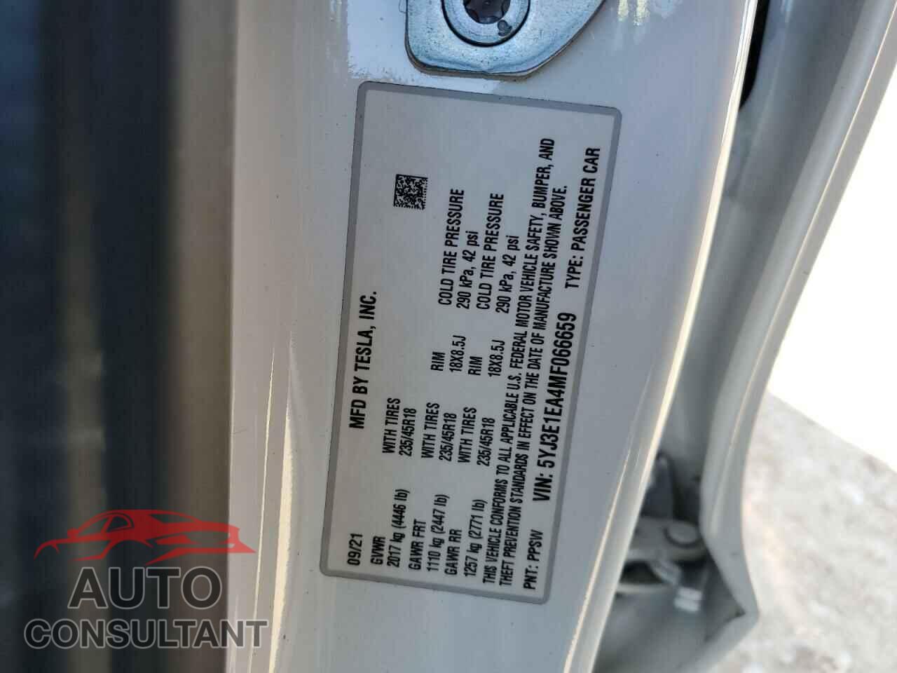 TESLA MODEL 3 2021 - 5YJ3E1EA4MF066659