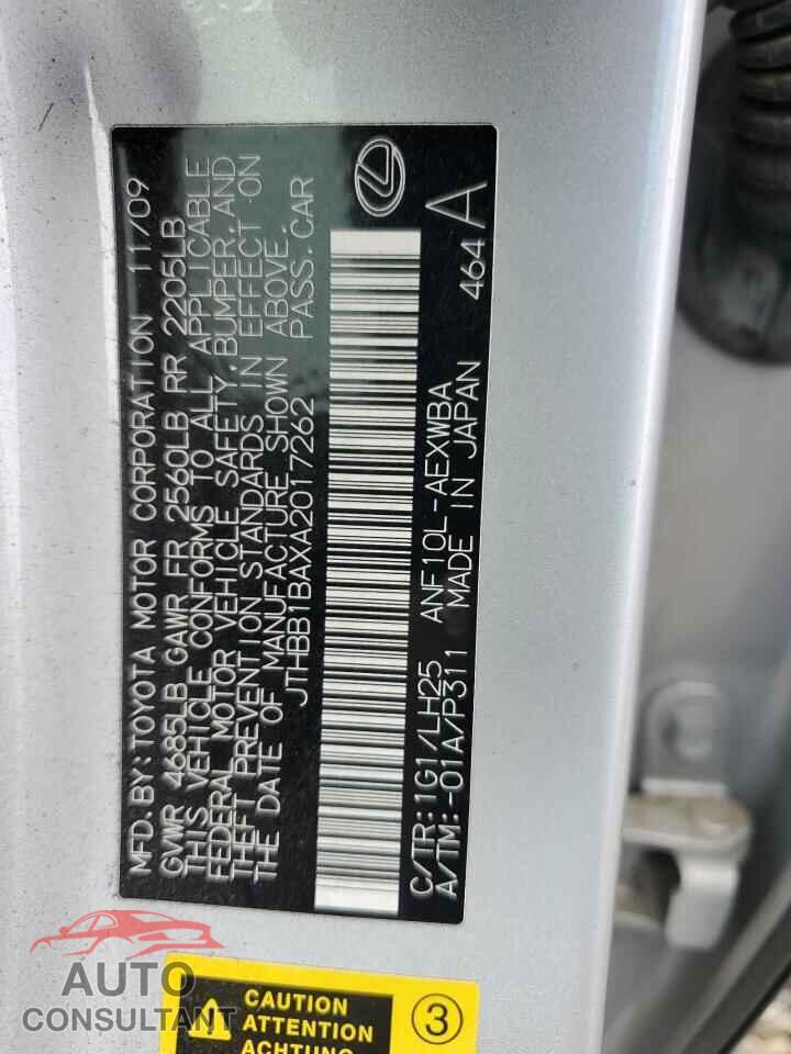 LEXUS HS 2010 - JTHBB1BAXA2017262