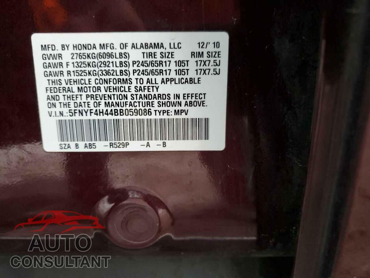 HONDA PILOT 2011 - 5FNYF4H44BB059086