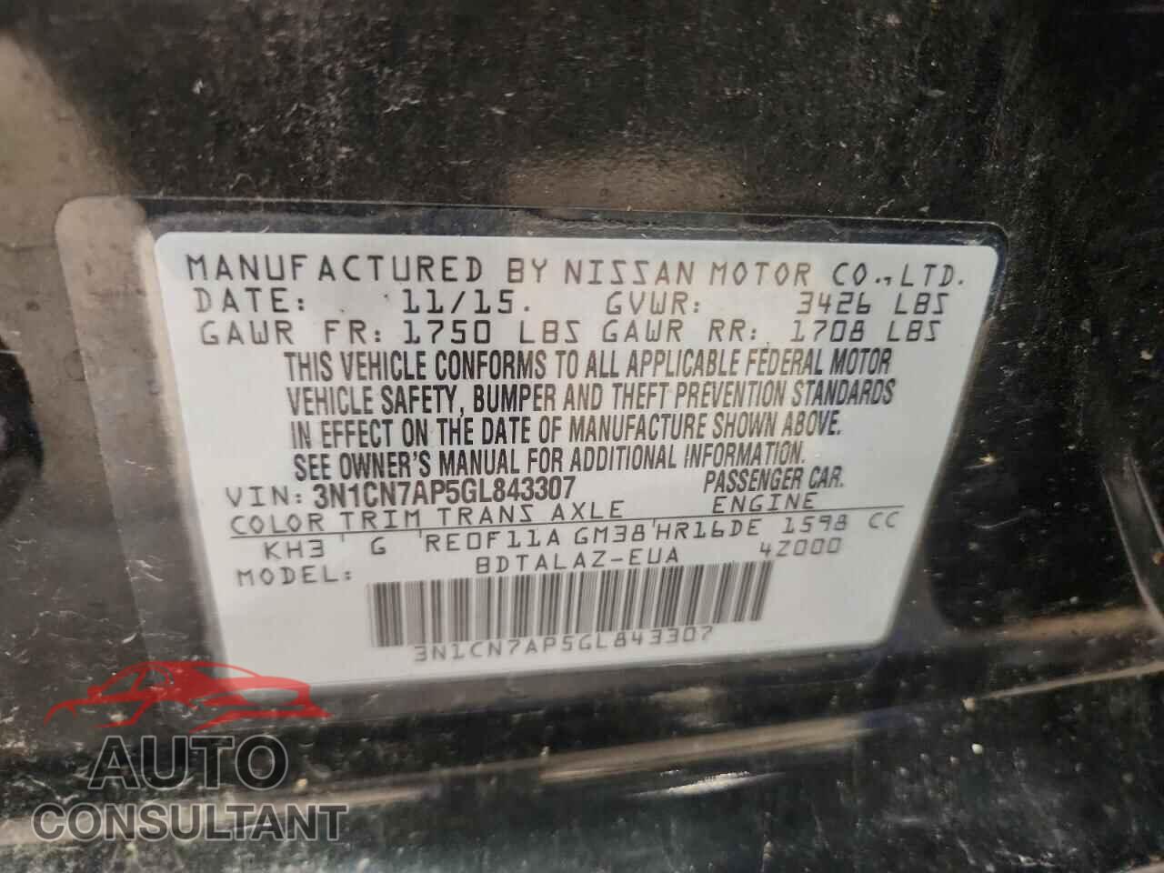 NISSAN VERSA 2016 - 3N1CN7AP5GL843307