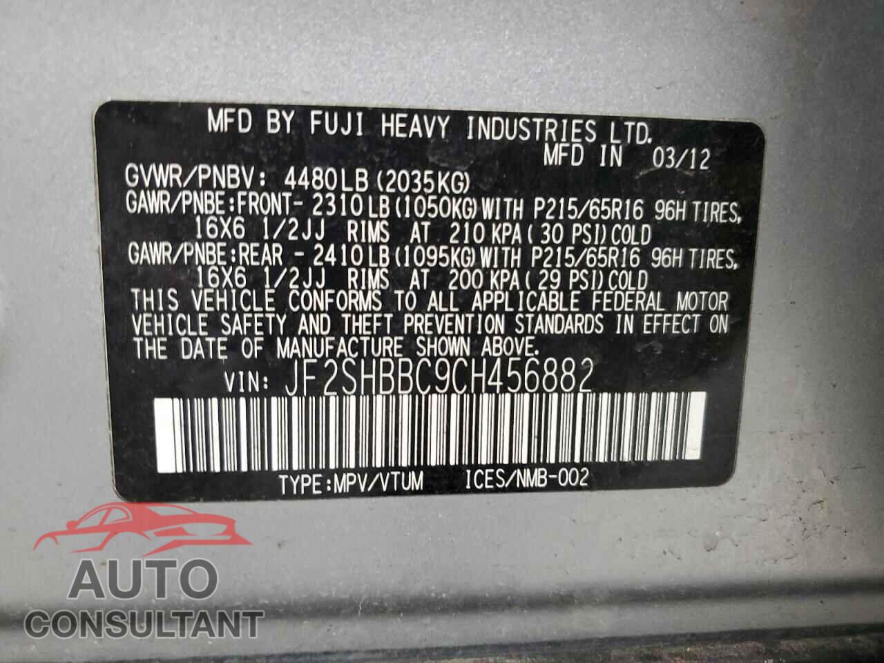 SUBARU FORESTER 2012 - JF2SHBBC9CH456882