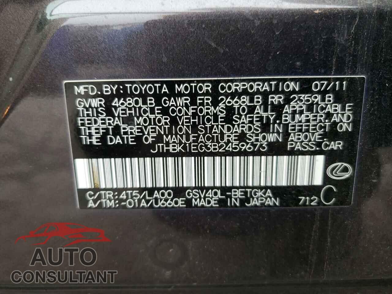LEXUS ES350 2011 - JTHBK1EG3B2459673