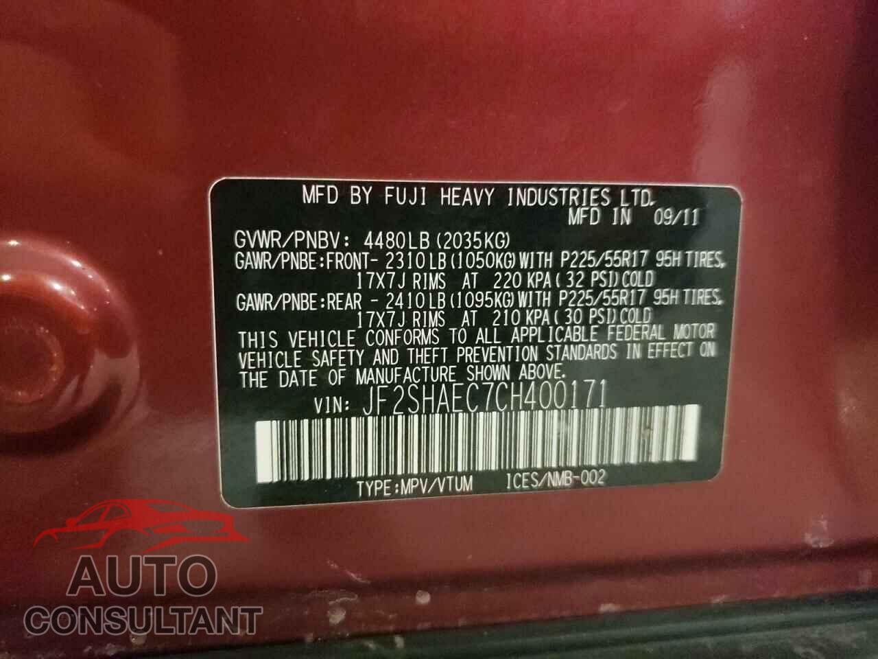 SUBARU FORESTER 2012 - JF2SHAEC7CH400171