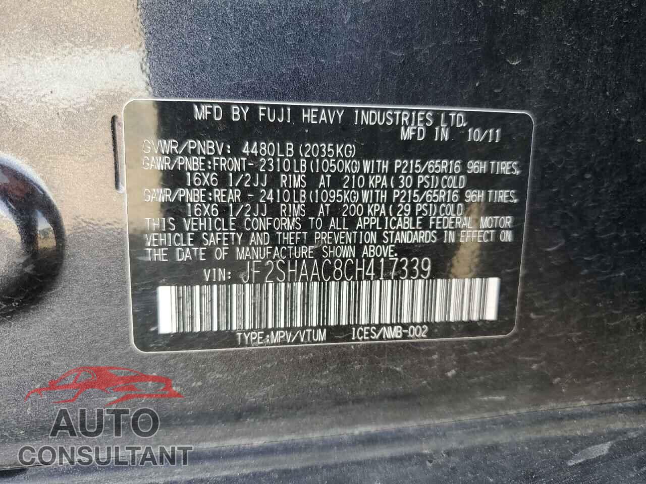 SUBARU FORESTER 2012 - JF2SHAAC8CH417339