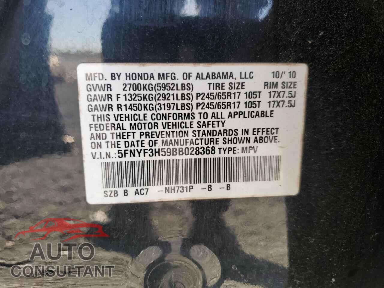HONDA PILOT 2011 - 5FNYF3H59BB028368