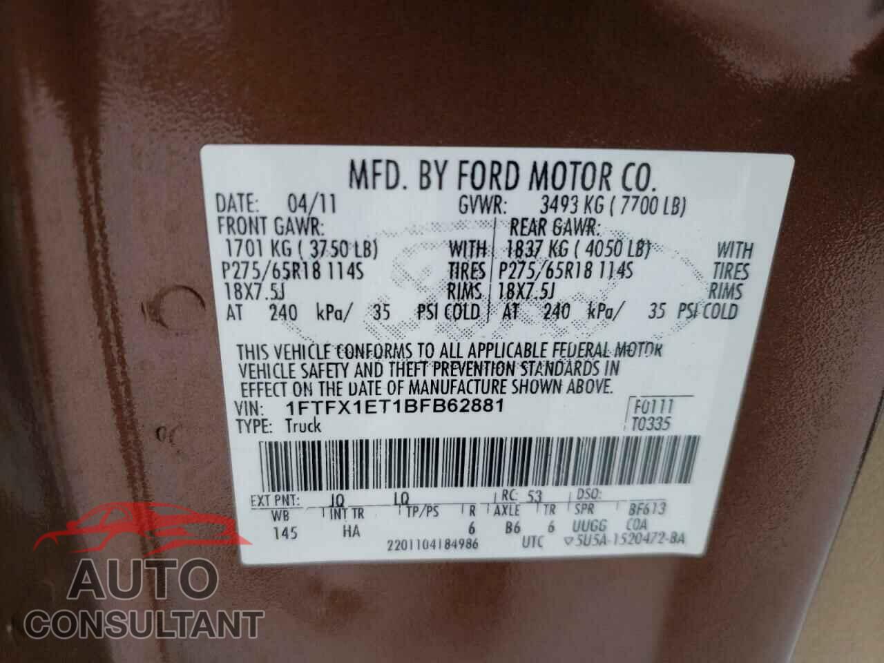 FORD F-150 2011 - 1FTFX1ET1BFB62881