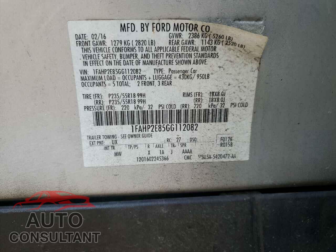 FORD TAURUS 2016 - 1FAHP2E85GG112082