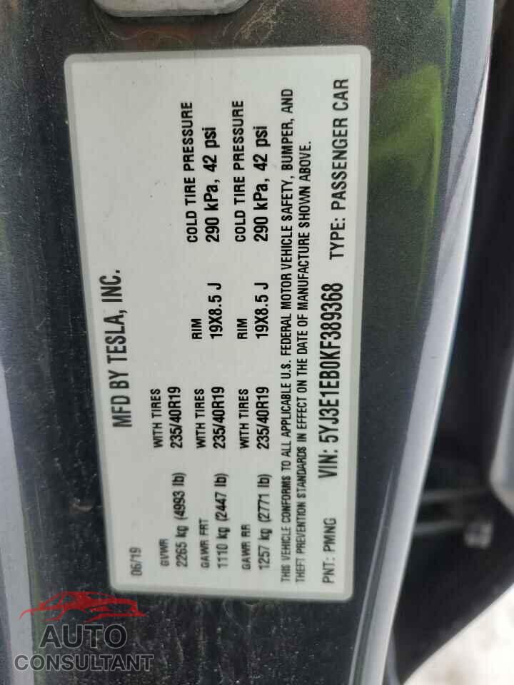 TESLA MODEL 3 2019 - 5YJ3E1EB0KF389368