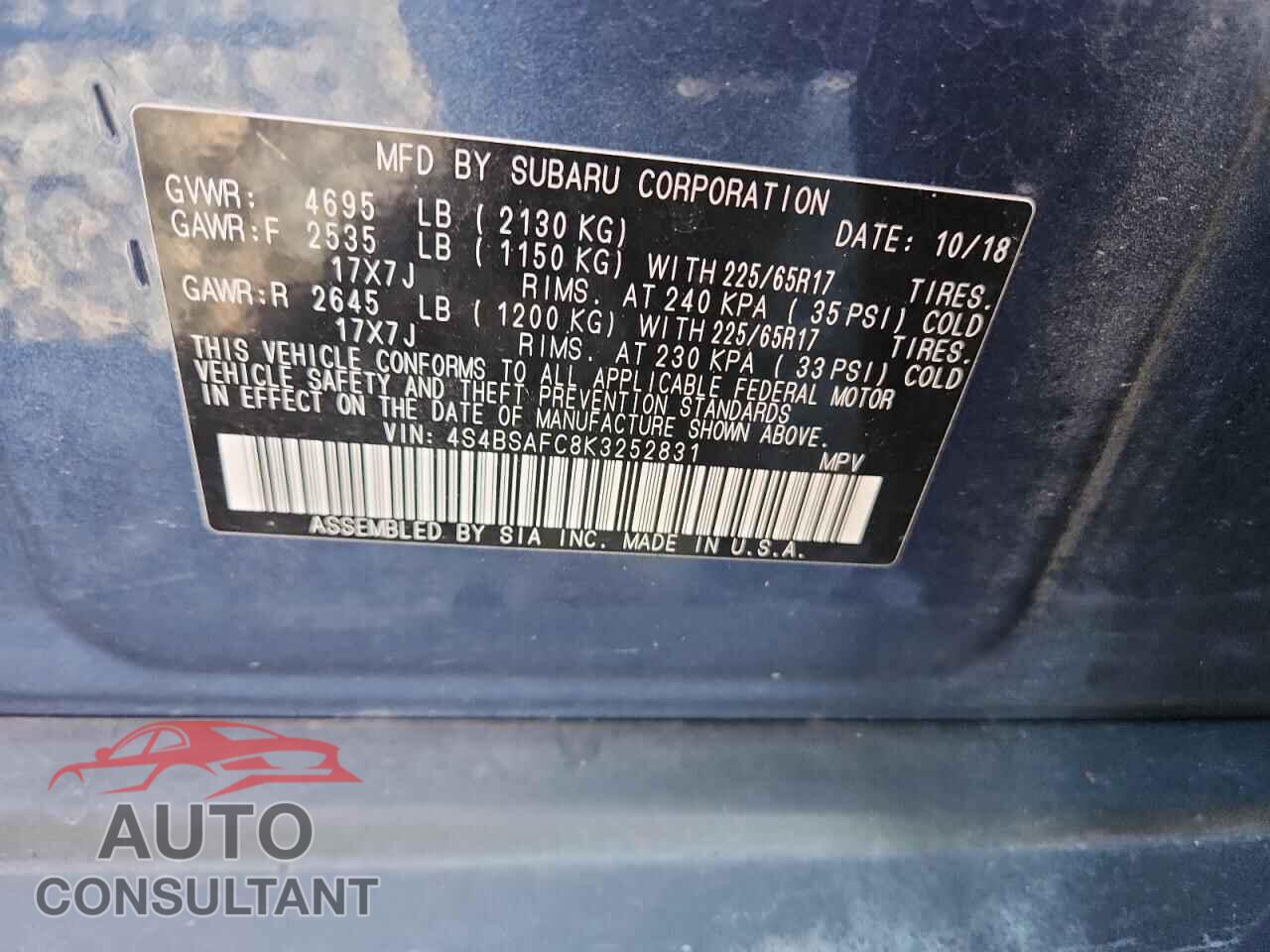 SUBARU OUTBACK 2019 - 4S4BSAFC8K3252831