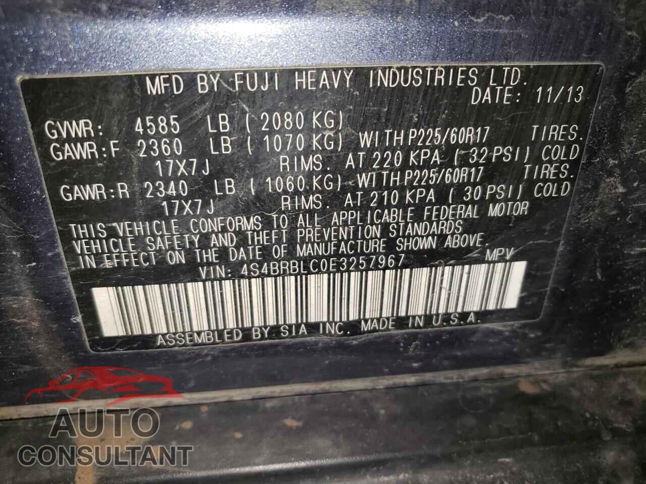 SUBARU OUTBACK 2014 - 4S4BRBLC0E3257967