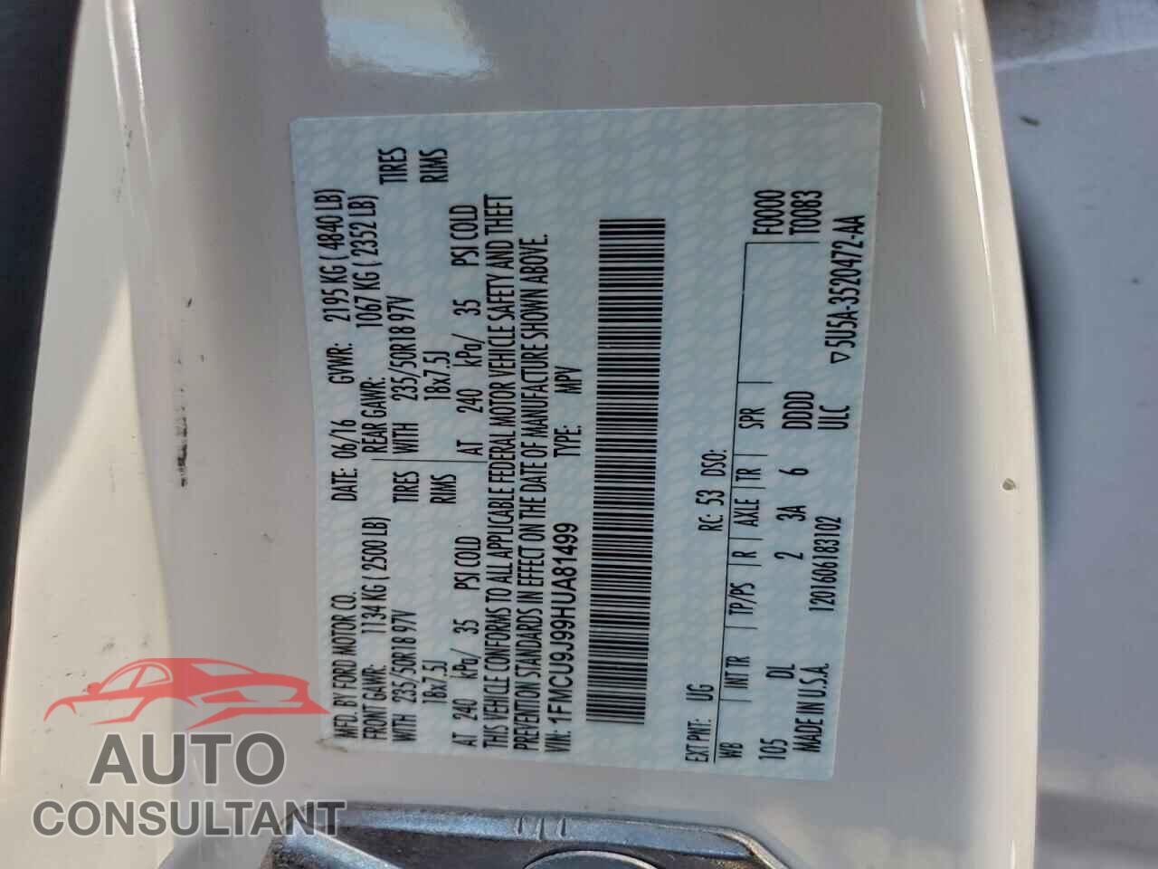 FORD ESCAPE 2017 - 1FMCU9J99HUA81499