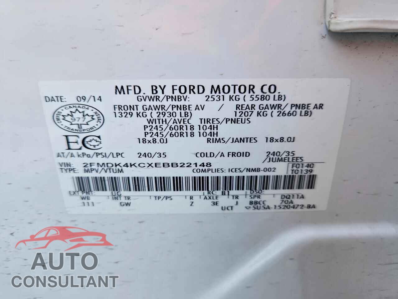 FORD EDGE 2014 - 2FMDK4KCXEBB22148