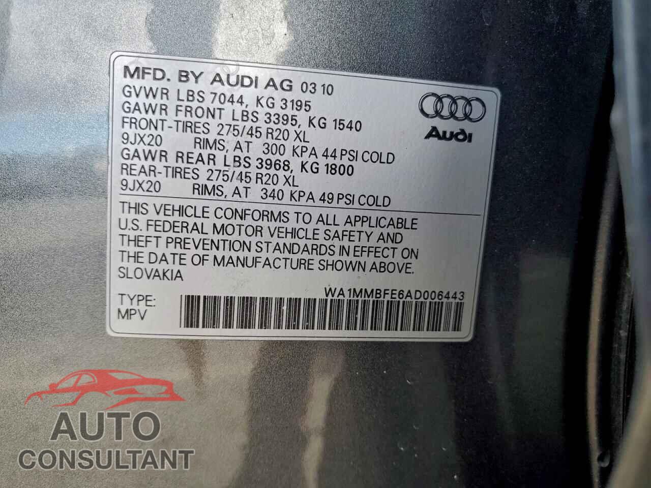 AUDI Q7 2010 - WA1MMBFE6AD006443