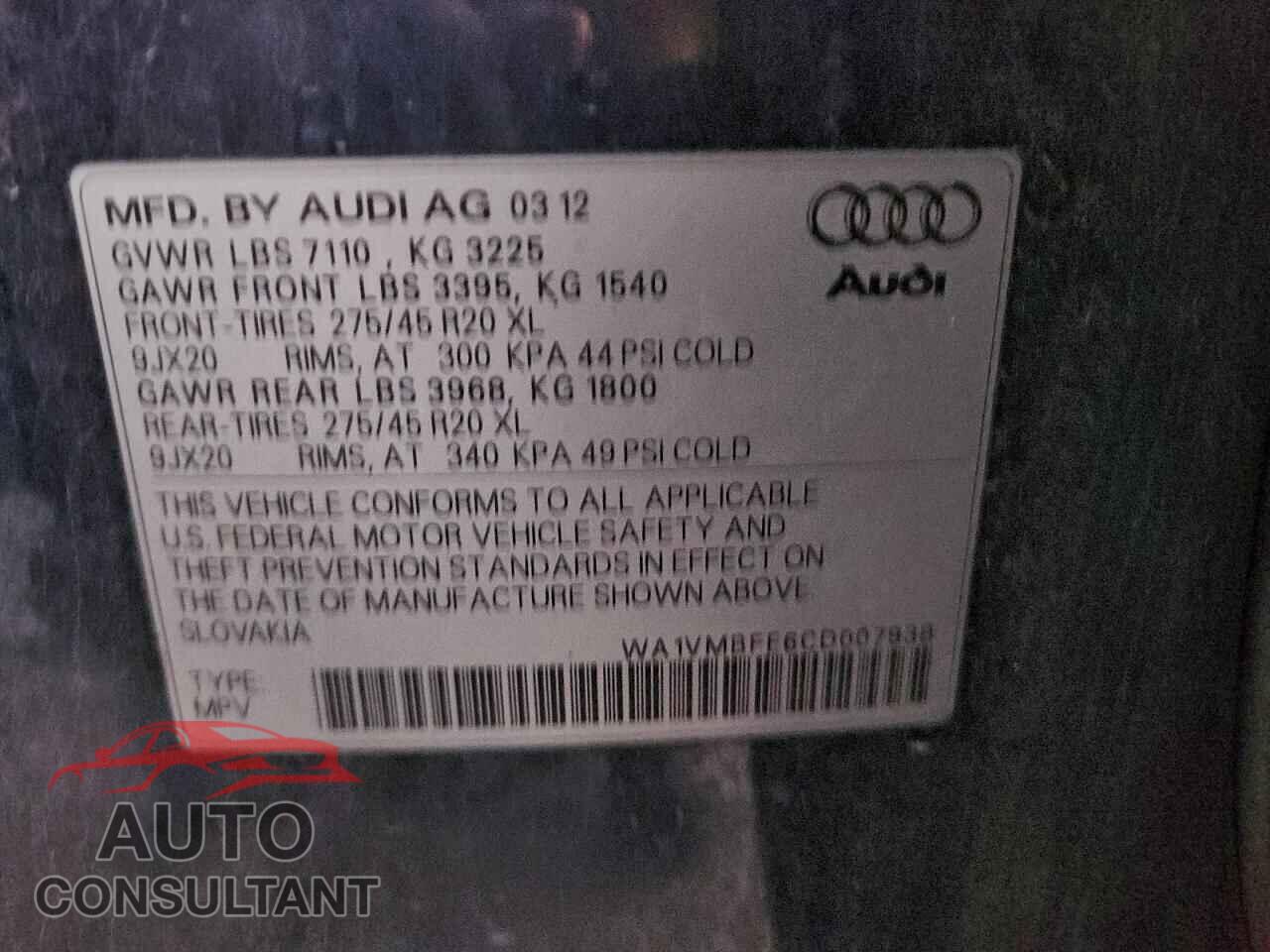 AUDI Q7 2012 - WA1VMBFE6CD007938