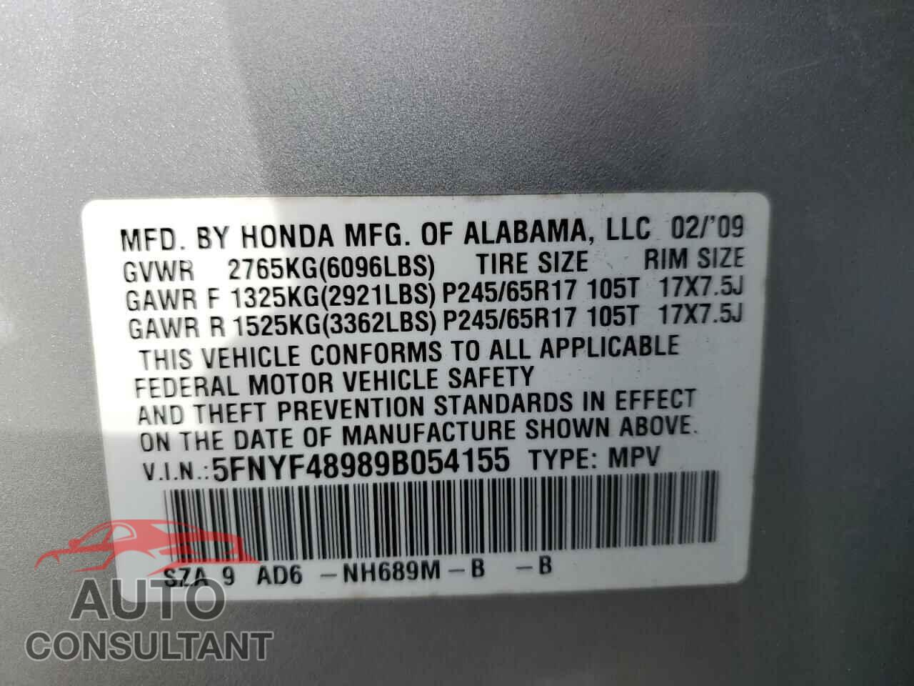 HONDA PILOT 2009 - 5FNYF48989B054155