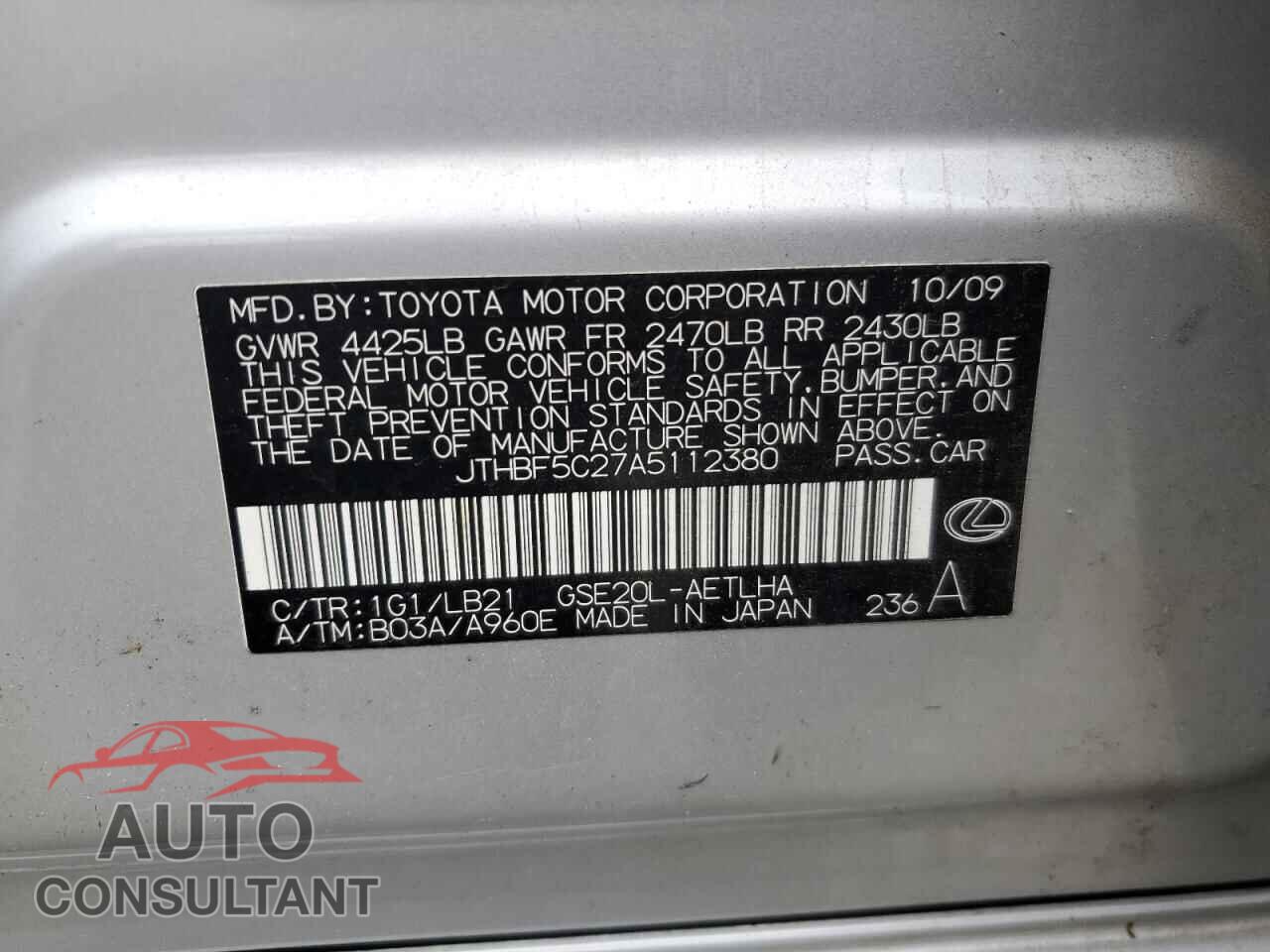 LEXUS IS 2010 - JTHBF5C27A5112380