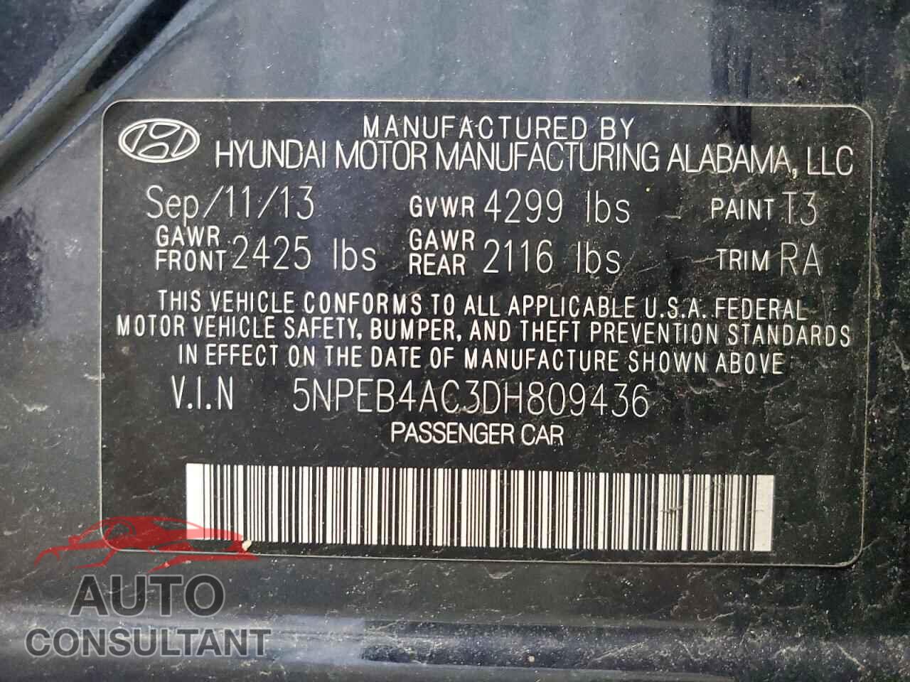HYUNDAI SONATA 2013 - 5NPEB4AC3DH809436