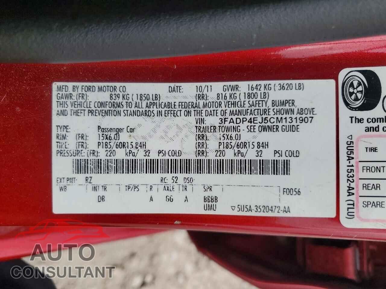 FORD FIESTA 2012 - 3FADP4EJ5CM131907
