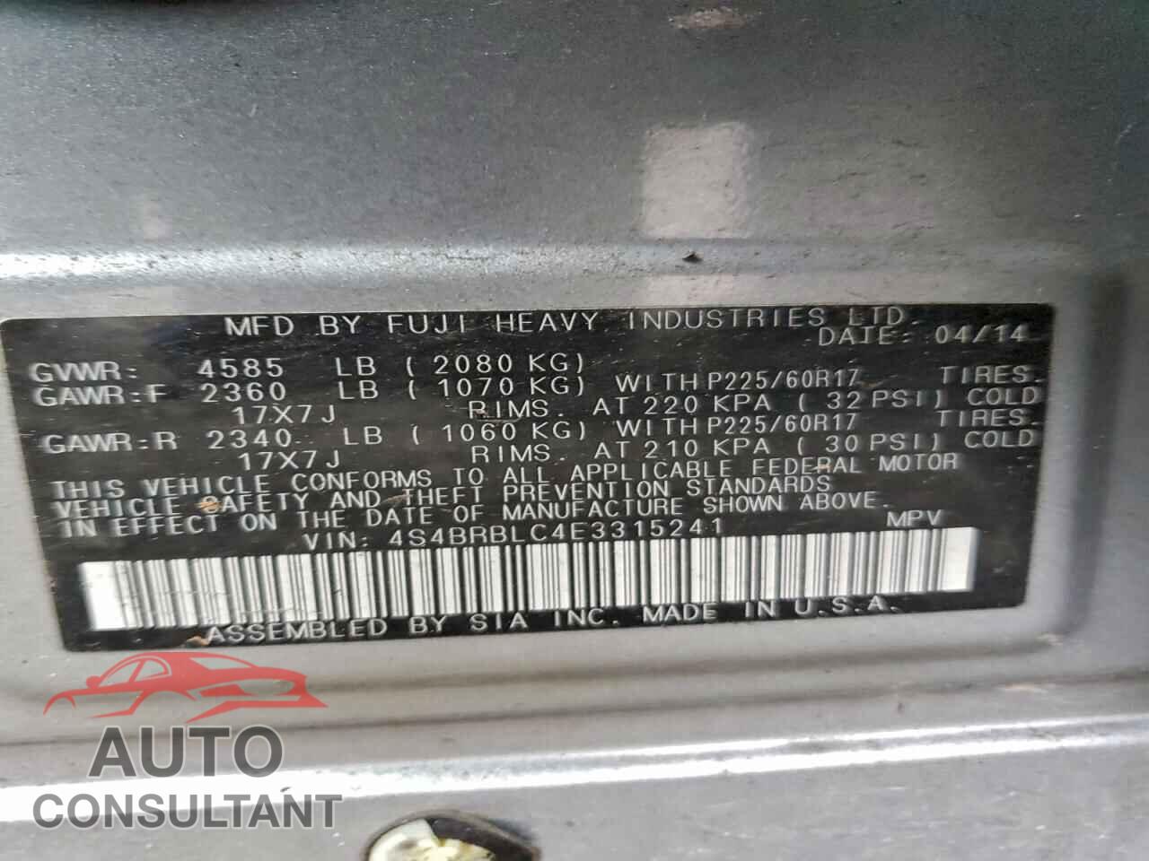 SUBARU OUTBACK 2014 - 4S4BRBLC4E3315241