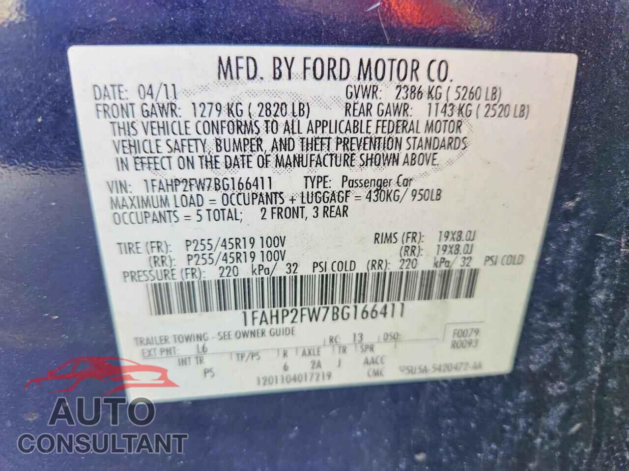 FORD TAURUS 2011 - 1FAHP2FW7BG166411