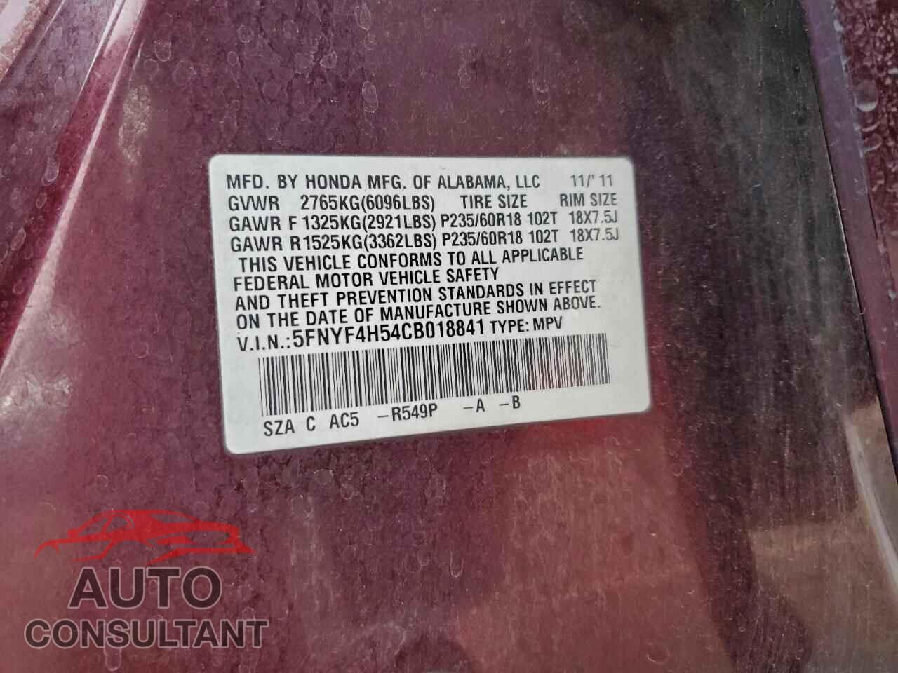 HONDA PILOT 2012 - 5FNYF4H54CB018841