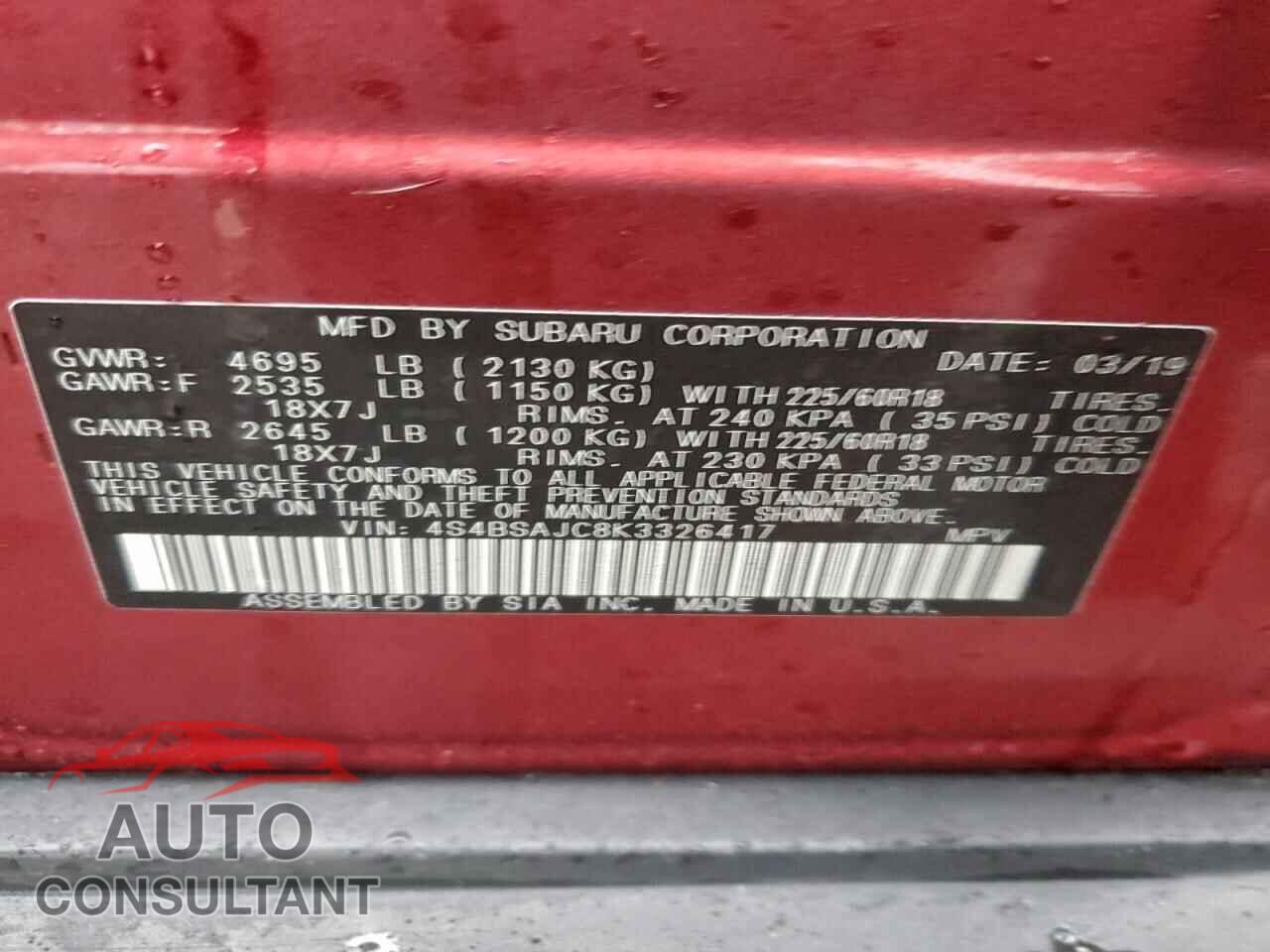 SUBARU OUTBACK 2019 - 4S4BSAJC8K3326417
