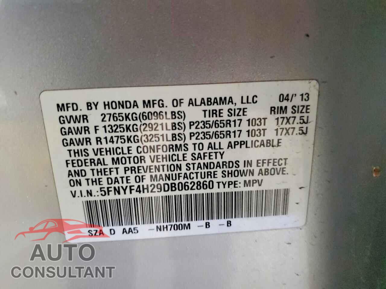 HONDA PILOT 2013 - 5FNYF4H29DB062860