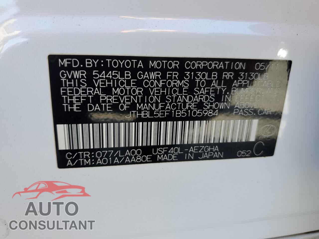 LEXUS LS460 2011 - JTHBL5EF1B5105984