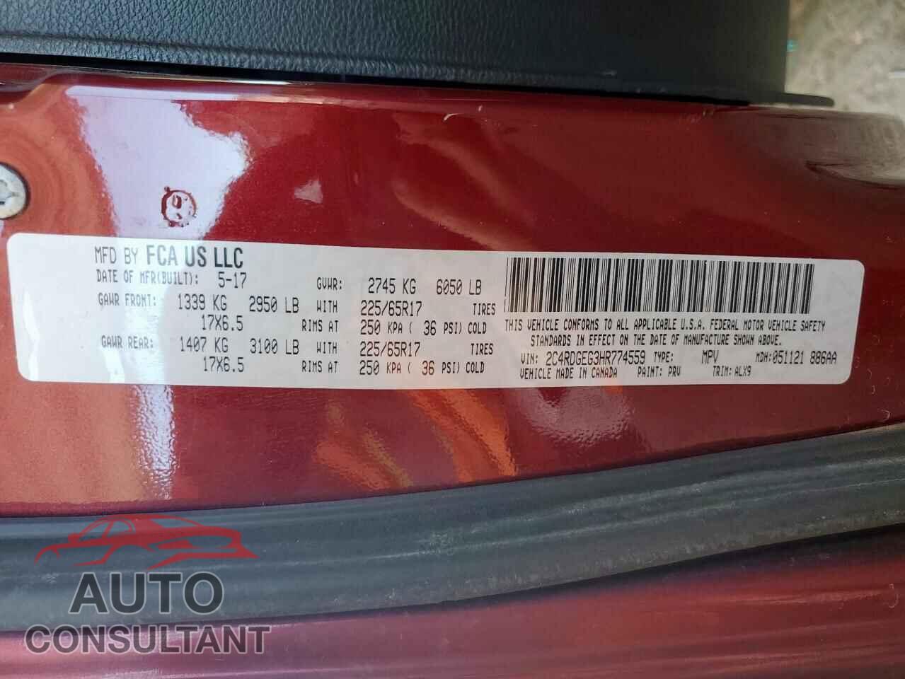 DODGE CARAVAN 2017 - 2C4RDGEG3HR774559