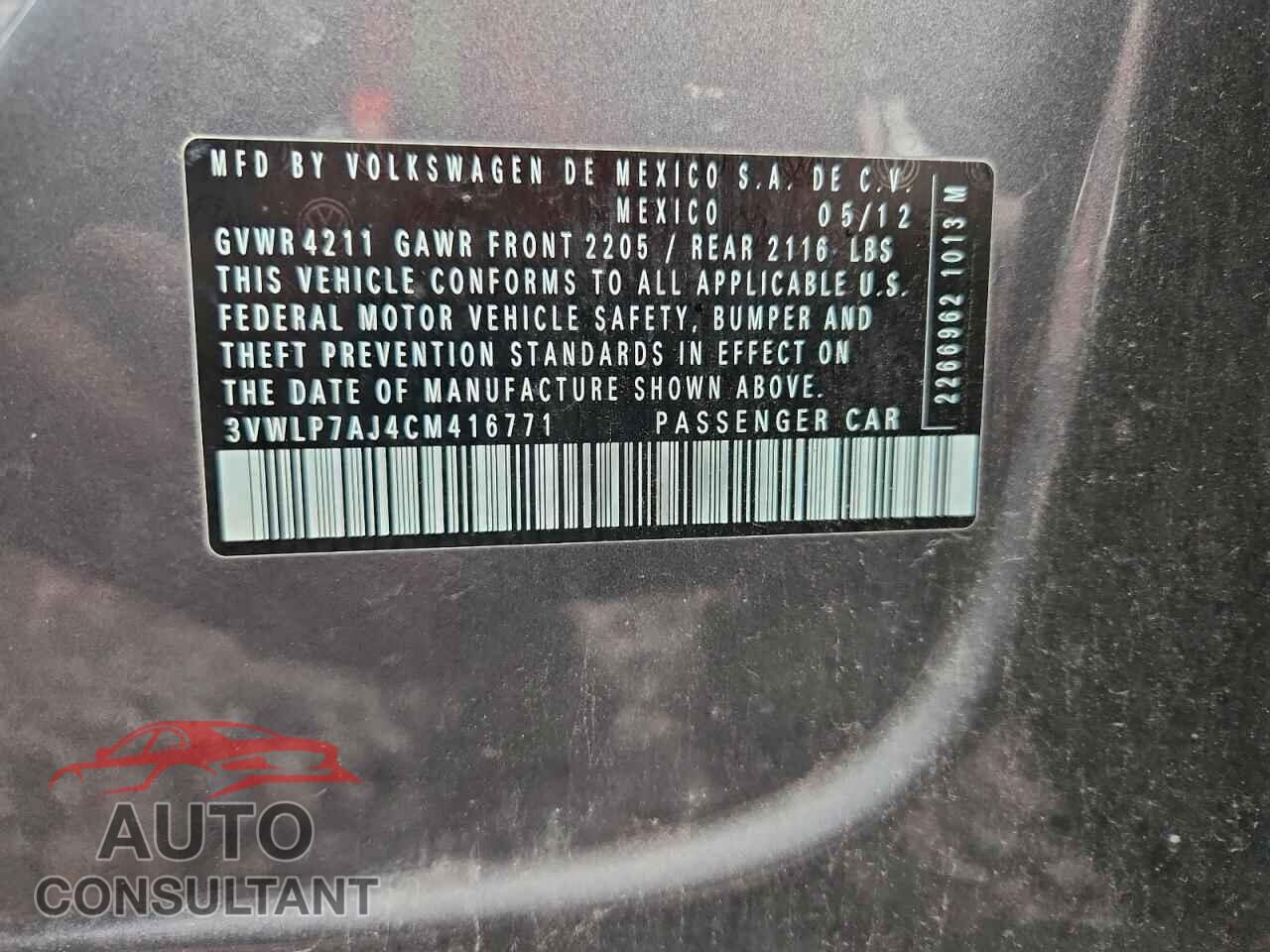 VOLKSWAGEN JETTA 2012 - 3VWLP7AJ4CM416771