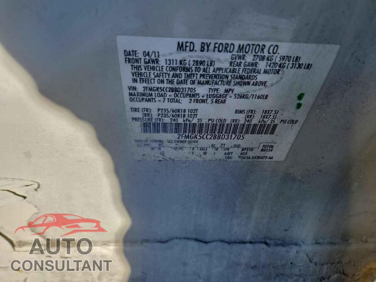 FORD FLEX 2011 - 2FMGK5CC2BBD31705