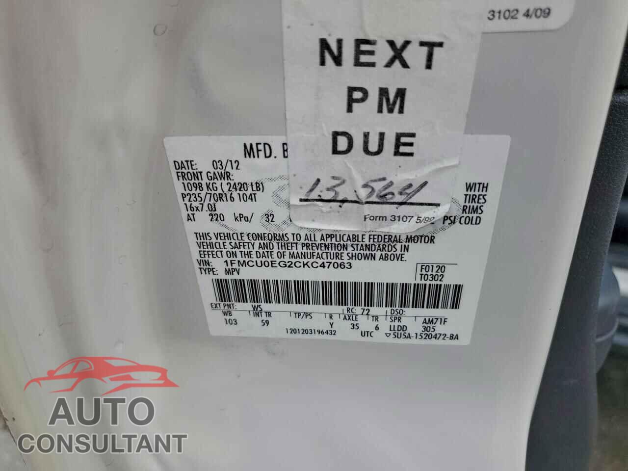 FORD ESCAPE 2012 - 1FMCU0EG2CKC47063