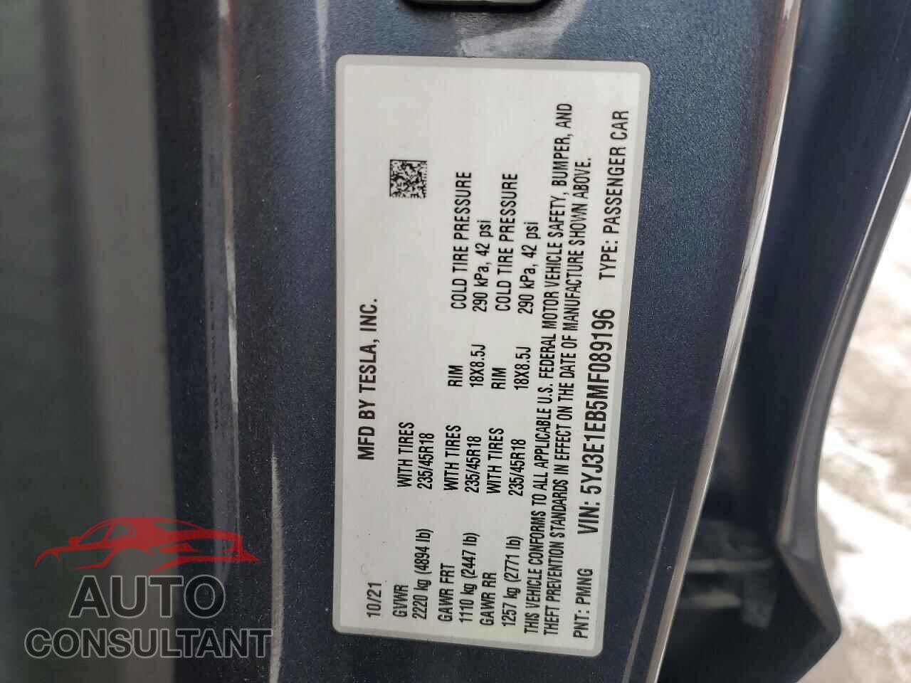 TESLA MODEL 3 2021 - 5YJ3E1EB5MF089196
