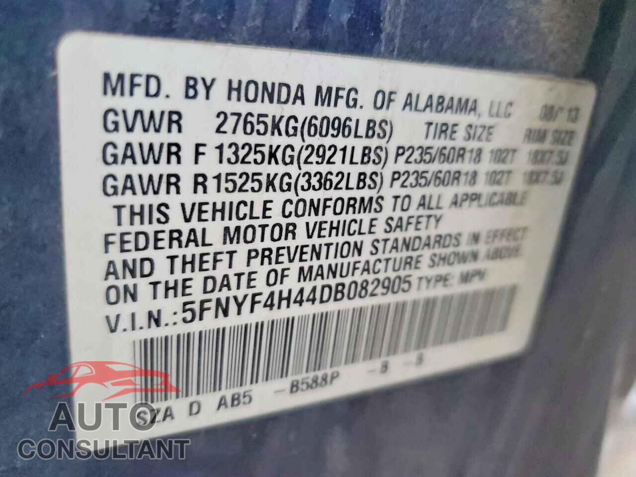 HONDA PILOT 2013 - 5FNYF4H44DB082905