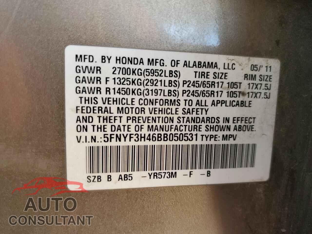 HONDA PILOT 2011 - 5FNYF3H46BB050531