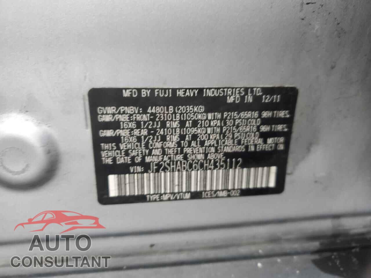 SUBARU FORESTER 2012 - JF2SHABC6CH435112