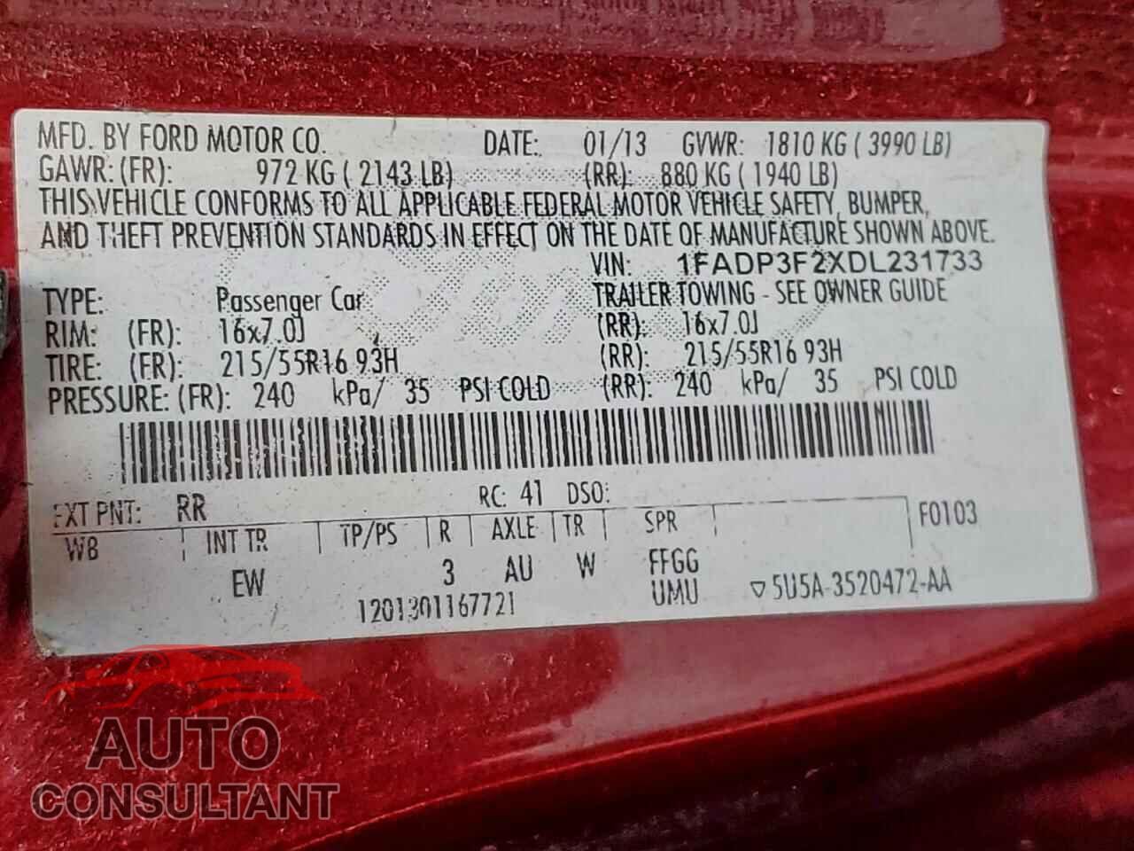 FORD FOCUS 2013 - 1FADP3F2XDL231733