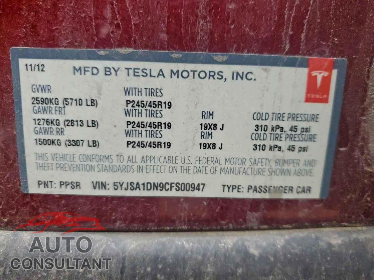 TESLA MODEL S 2012 - 5YJSA1DN9CFS00947