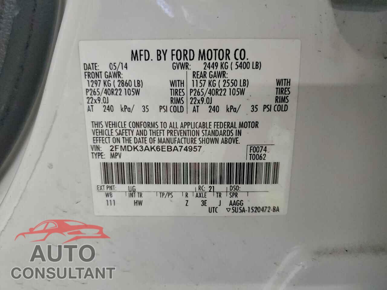 FORD EDGE 2013 - 2FMDK3AK6EBA74957