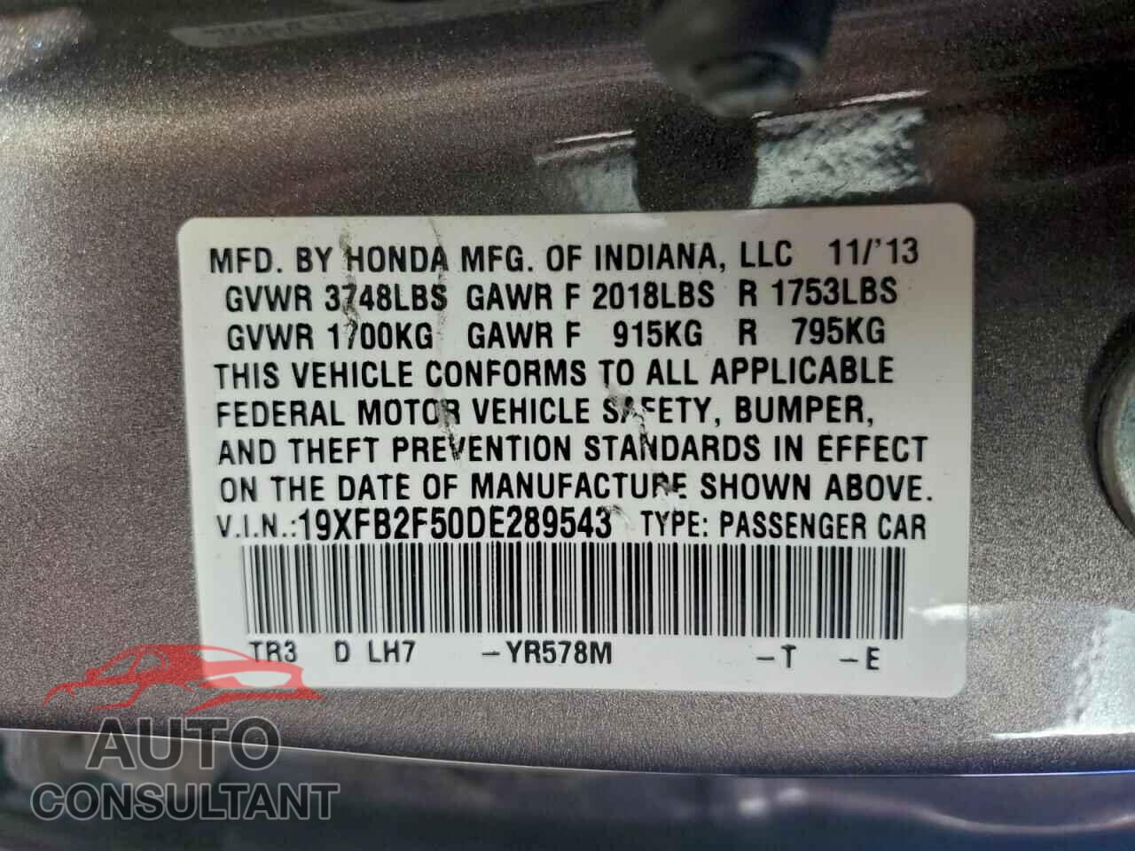 HONDA CIVIC 2013 - 19XFB2F50DE289543